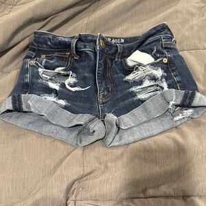 American Eagle Outfitters Distressed Rolled Hem Dark Blue Denim Shorts